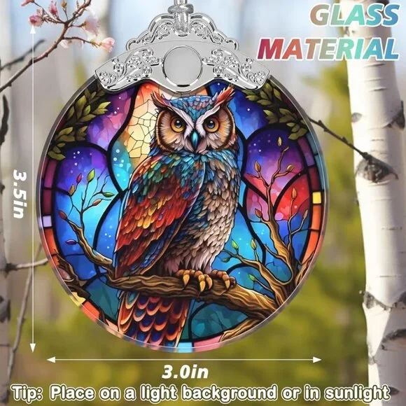 Owl Ornament Stained Glass Hanging Decor Holiday-Sun Catcher-Christmas - Picture 2 of 7